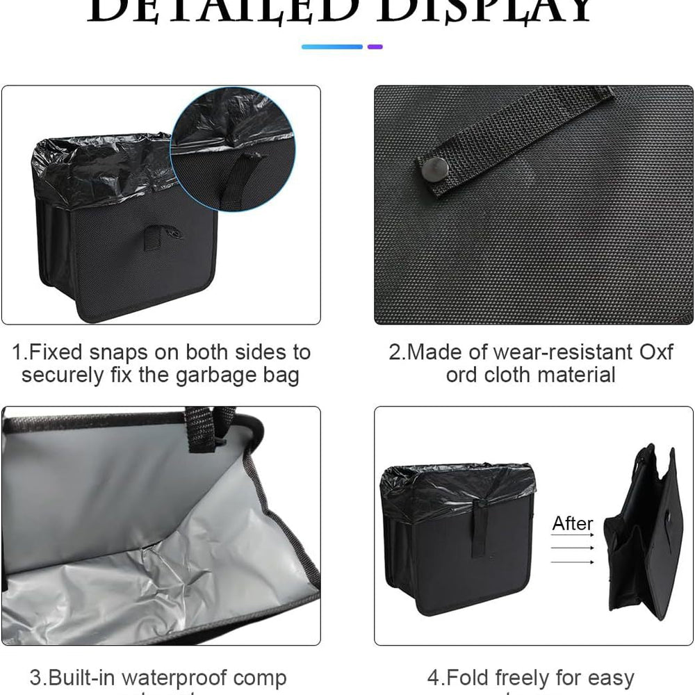 
                  
                    Large black rear seat trash can, waterproof, made from Oxford cloth, foldable for easy storage.
                  
                