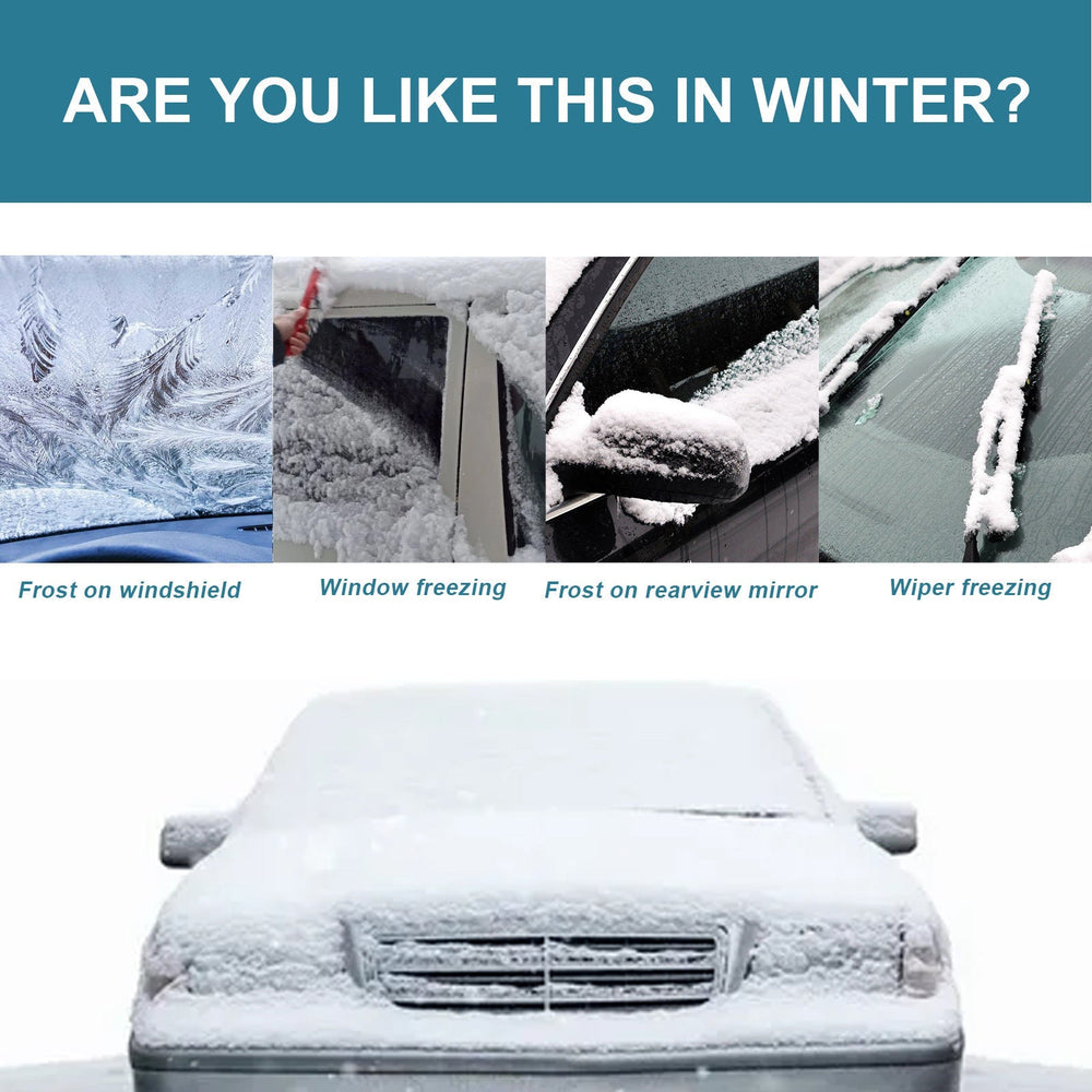 
                  
                    Windshield with ice and frost in winter conditions, highlighting need for Windshield De-Icing Spray.
                  
                