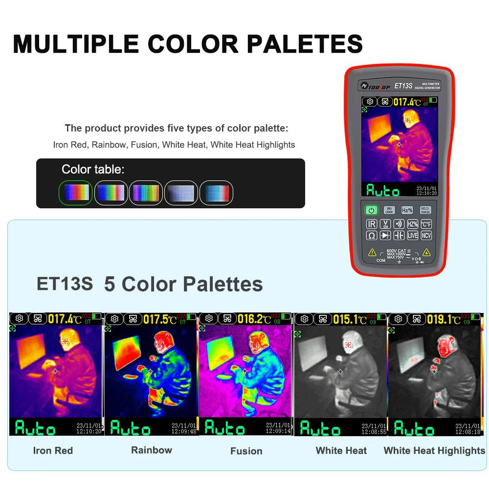 
                  
                    Thermal imaging multimeter with multiple color palettes display.
                  
                