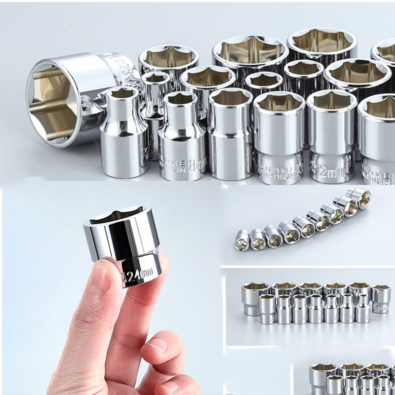 Auto repair tool ratchet quick socket wrench set with various sizes.