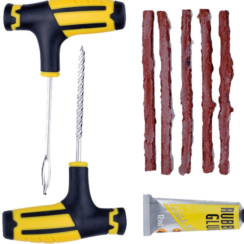 Tire repair tool set for emergency use, includes reamer, plugs, and glue, ideal for vacuum tires on cars and motorcycles.