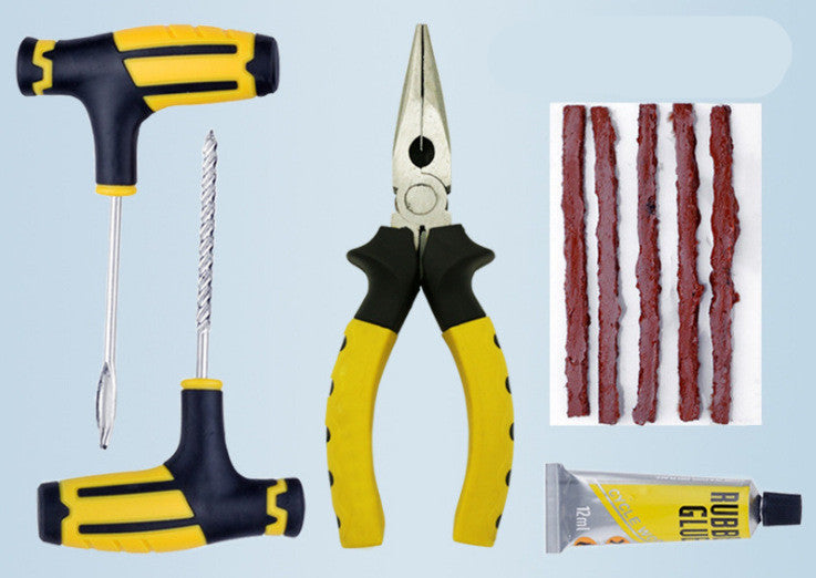 Tire repair tool set with pliers, T-handle tools, repair strips, and glue.