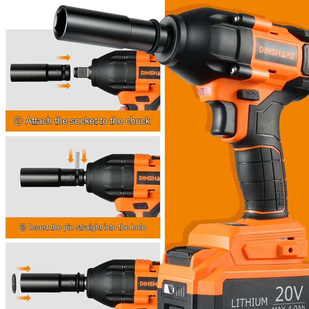 
                  
                    Dinshare 20V Impact Driver with socket installation instructions and lithium battery.
                  
                