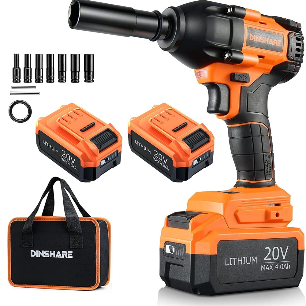 Dinshare 20V Impact Driver with 700N·m torque, two 4.0Ah batteries, and carrying bag.