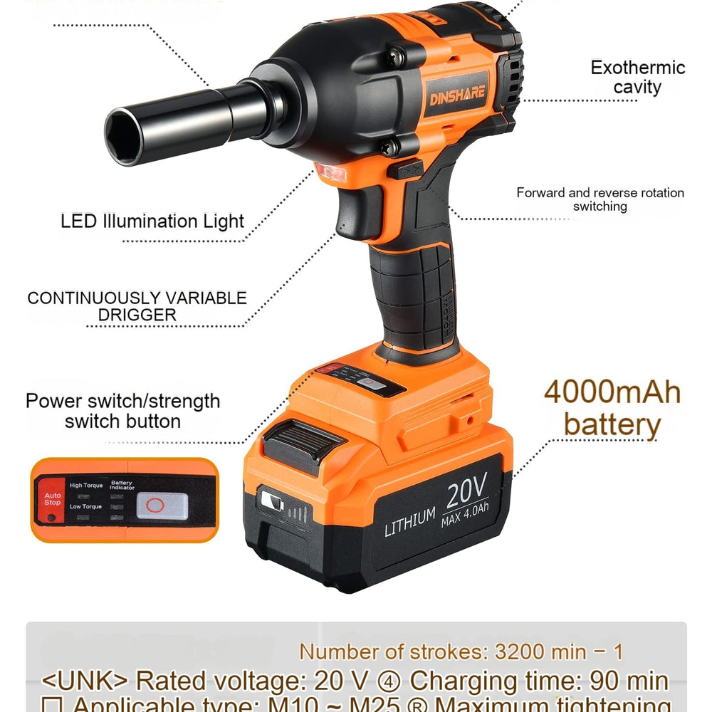 Dinshare 20V impact driver with brushless motor, 4000mAh battery, and LED light.