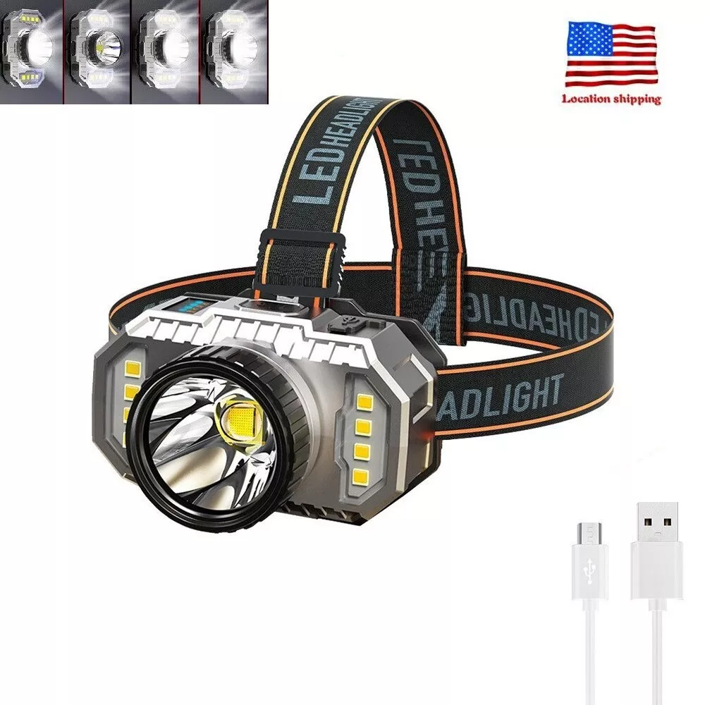 Rechargeable LED headlamp with USB charging cable and adjustable strap.