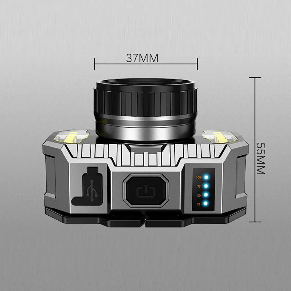 
                  
                    Rechargeable LED Headlamp with USB charging and multiple light modes, dimensions 37mm x 55mm.
                  
                