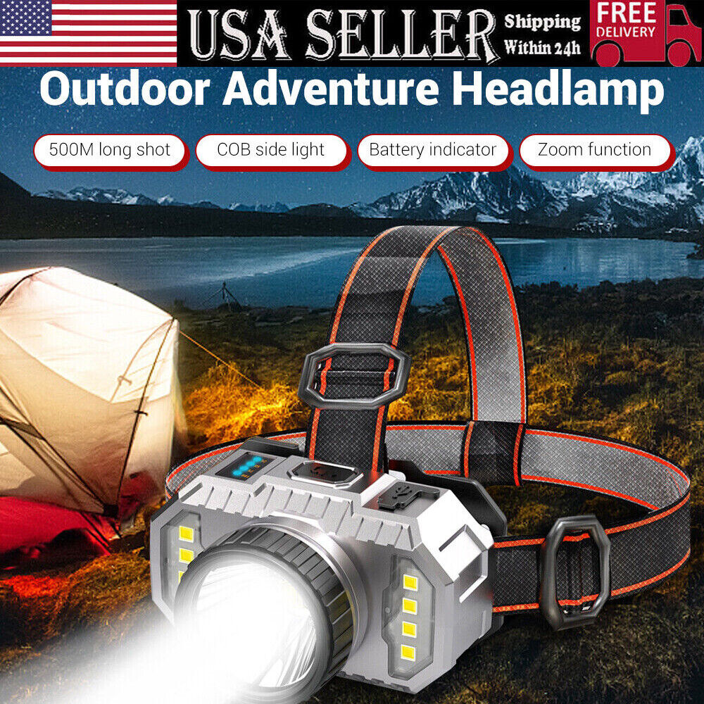 Rechargeable LED headlamp with adjustable strap, ideal for outdoor adventures, featuring multiple light modes and USB smart charging.