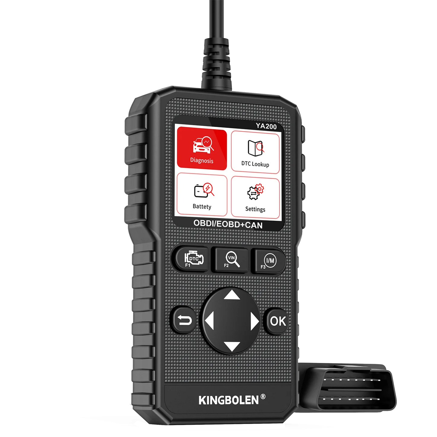 KINGBOLEN YA200 OBD2 automotive code reader showing interface and buttons.