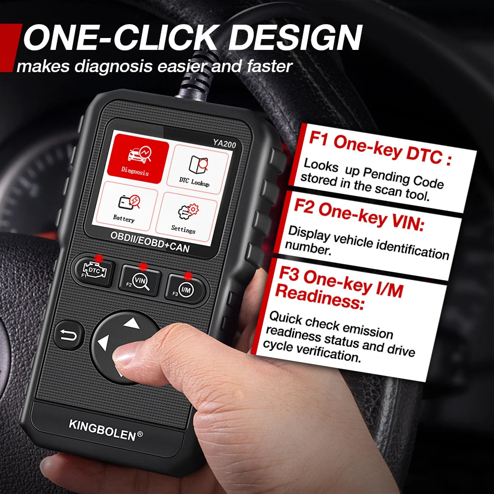 
                  
                    KINGBOLEN YA200 OBD2 automotive code reader with one-click diagnostic design.
                  
                