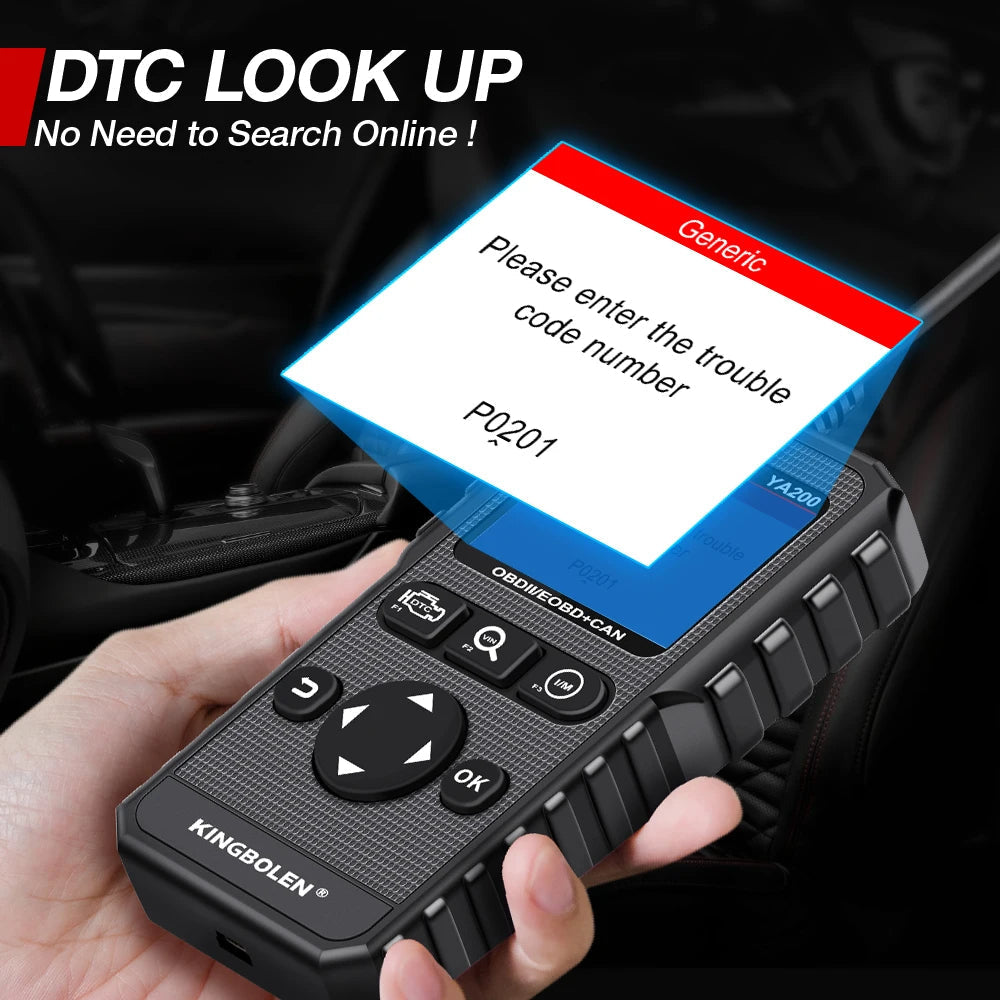 
                  
                    KINGBOLEN YA200 OBD2 automotive code reader displaying diagnostic trouble code on screen.
                  
                