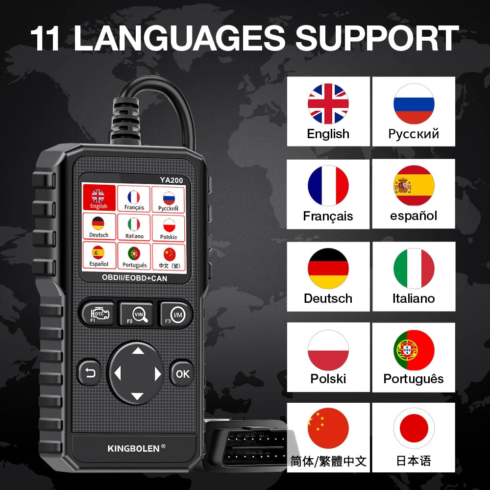 KINGBOLEN YA200 OBD2 automotive code reader with 11 language support.