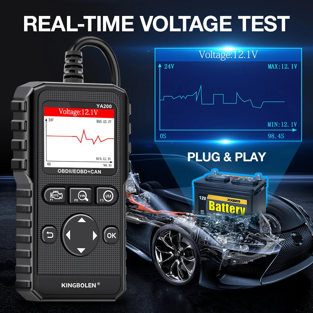 
                  
                    KINGBOLEN YA200 OBD2 automotive code reader with real-time voltage test feature.
                  
                