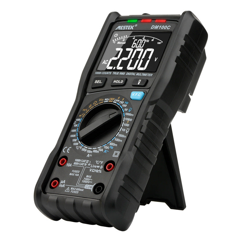 
                  
                    Handheld Mestek multimeter, black, for high-precision electrical measurements.
                  
                