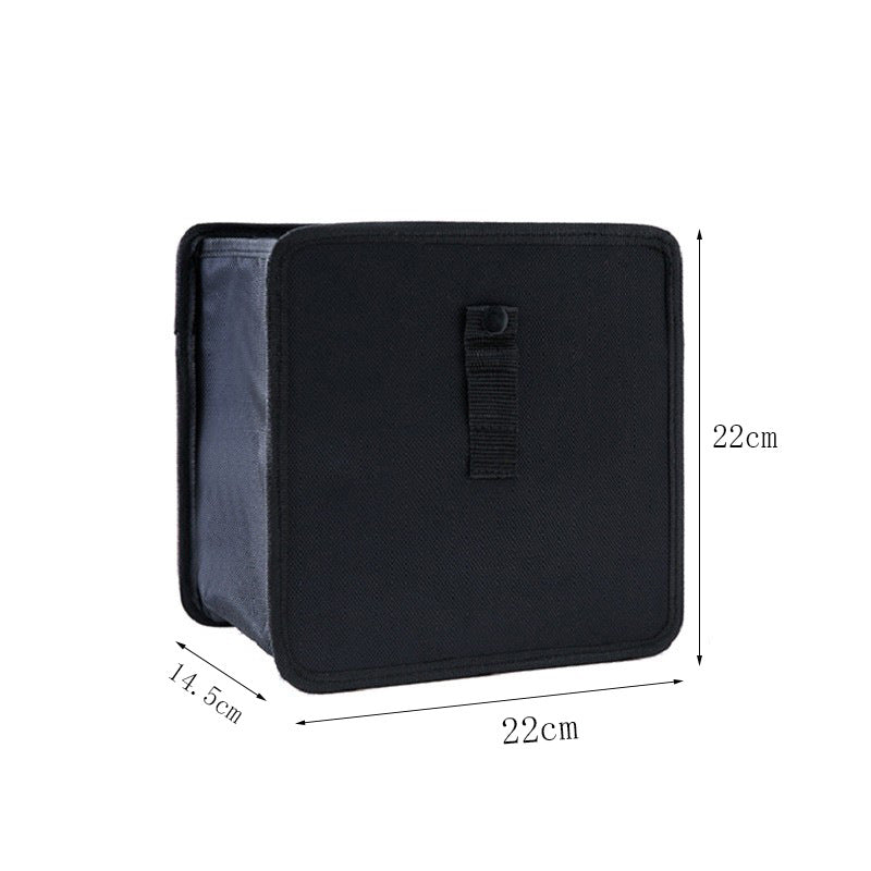 
                  
                    Black large capacity folding rear seat trash can made of waterproof Oxford cloth, shown with dimensions.
                  
                