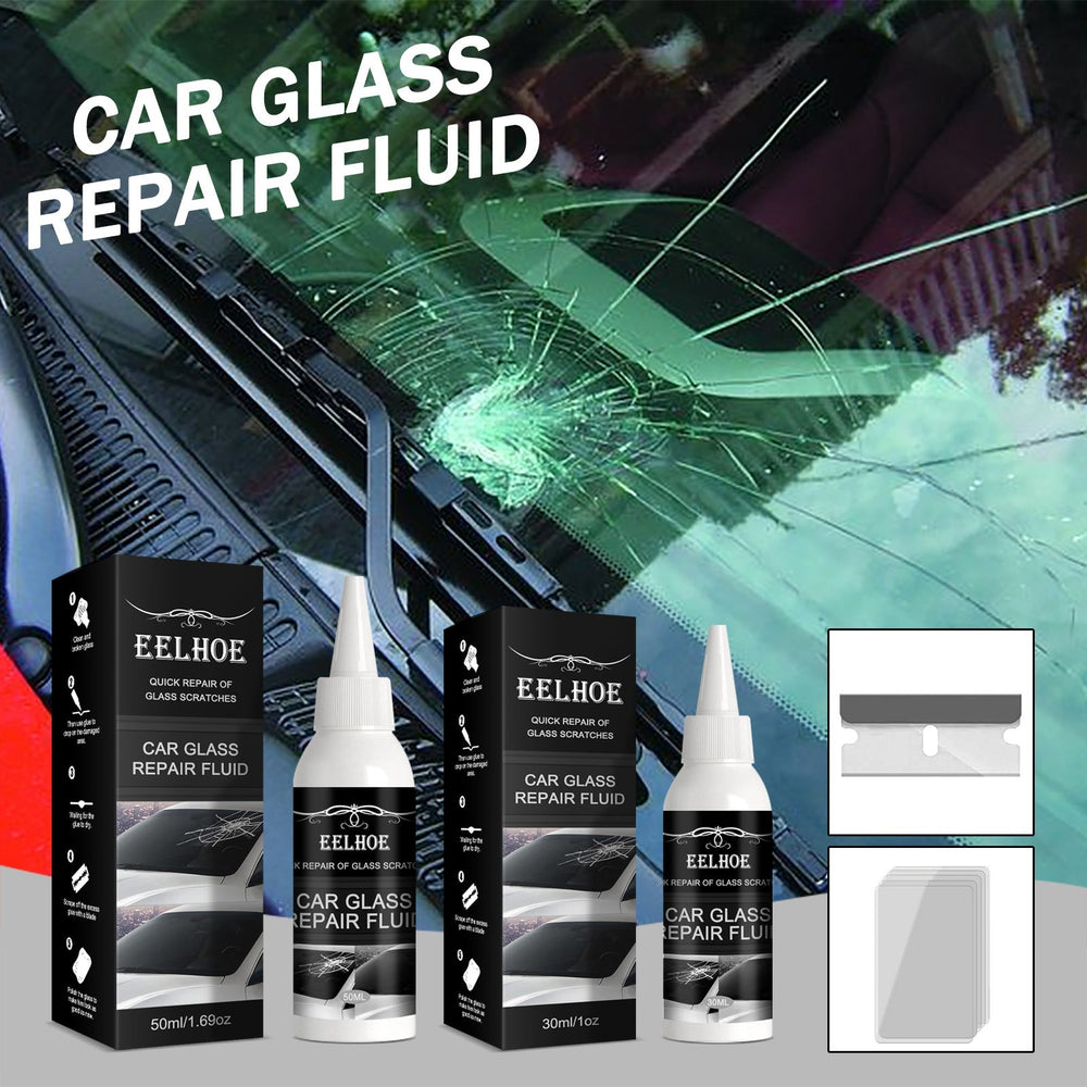 
                  
                    Automotive Glass Repair Adhesive with box and scratch repair demonstration on car windshield.
                  
                