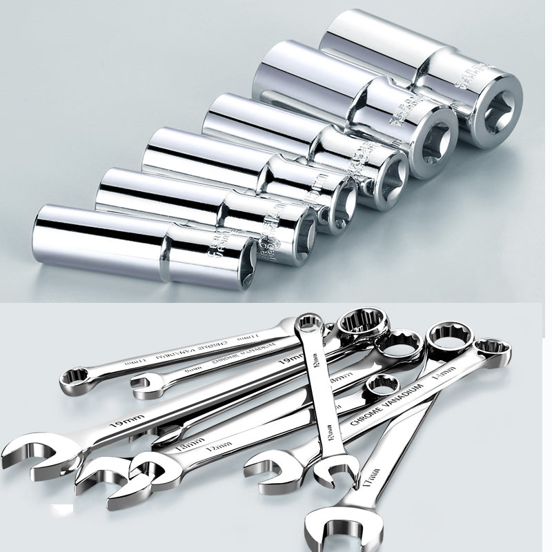 
                  
                    Auto repair tool ratchet quick socket wrench set with various wrenches and sockets.
                  
                