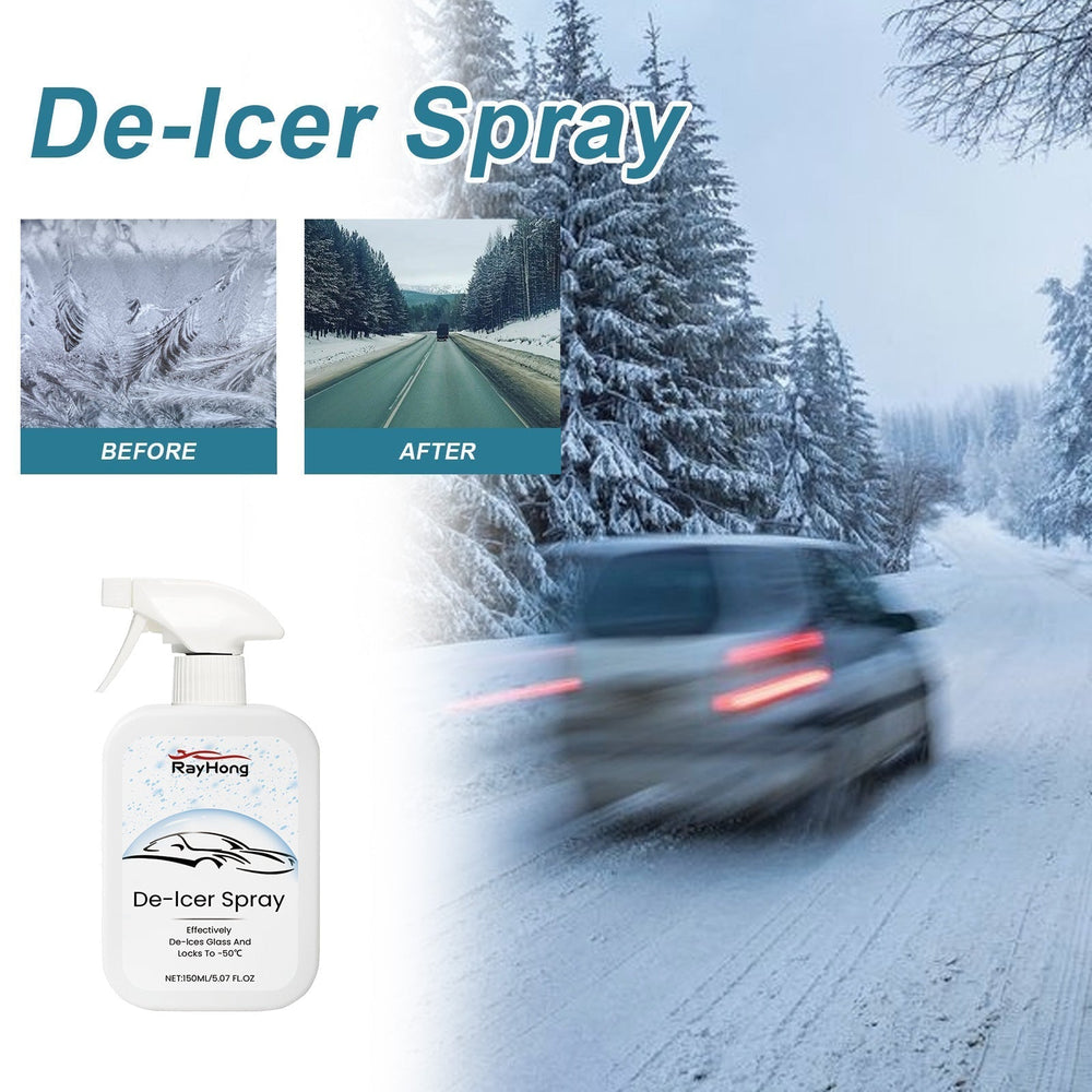 Windshield De-Icing Spray 150ml bottle with icy road and de-iced car visuals.