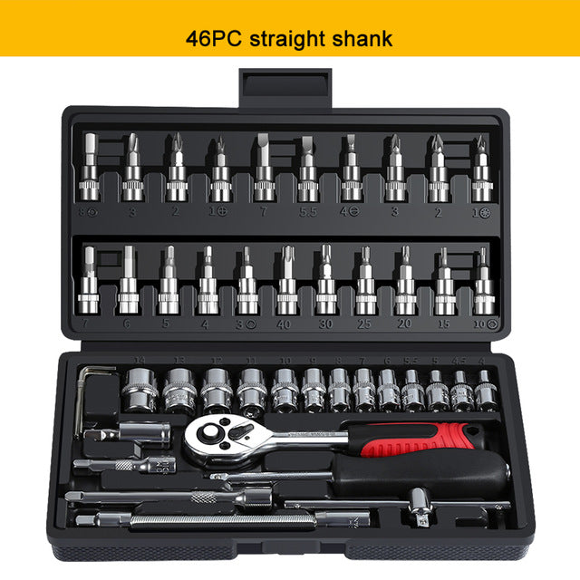 
                  
                    46-piece auto repair tool ratchet quick socket wrench set in black case.
                  
                