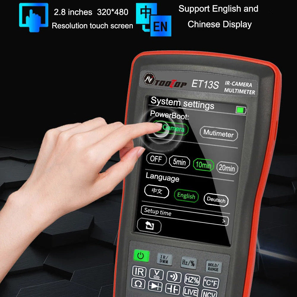 
                  
                    2 in 1 thermal imaging and multimeter unit with resistive touch screen, displaying system settings.
                  
                