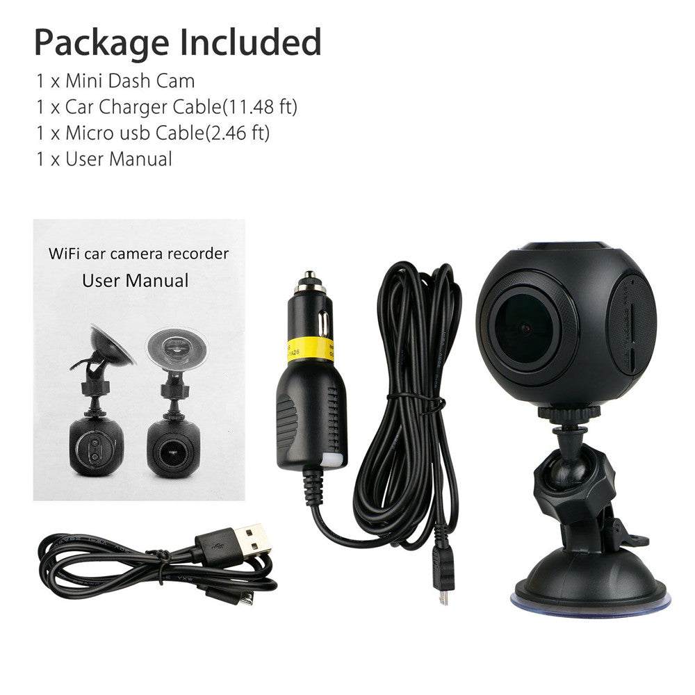 
                  
                    Mini Dash Cam with charger and cables, featuring night vision and WiFi.
                  
                