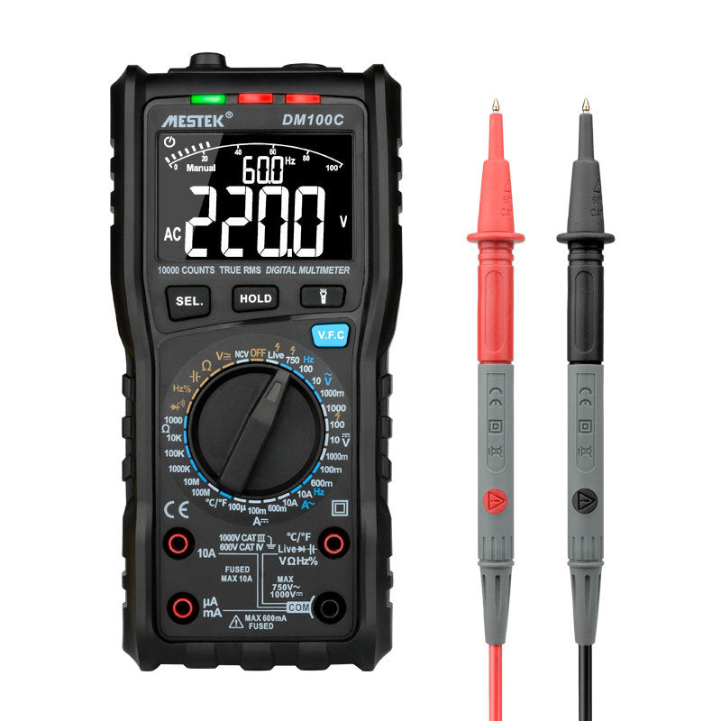
                  
                    Black handheld Mestek multipurpose professional electrical multimeter for high-precision DC and AC measurement.
                  
                