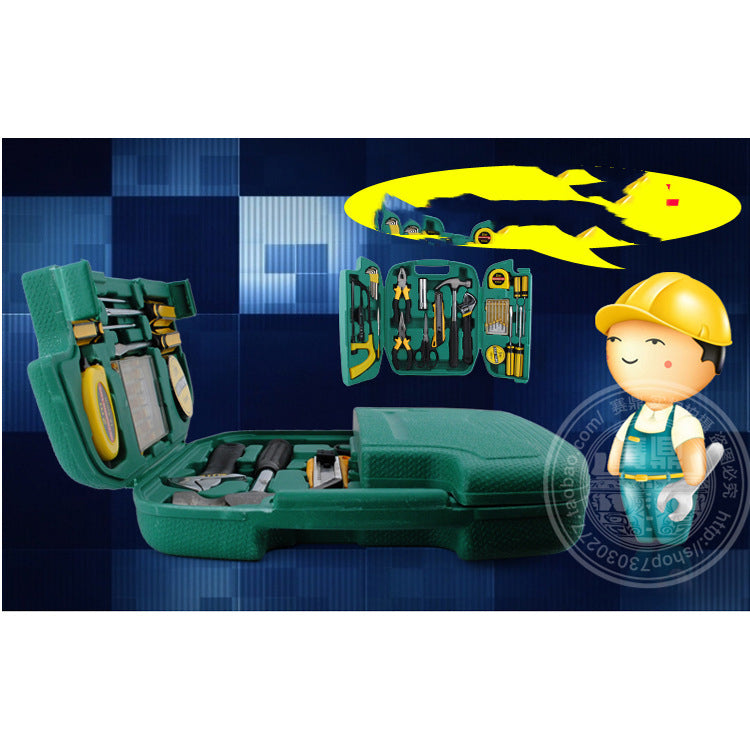 
                  
                    27-piece car emergency tool kit in a green case with various tools for repairs.
                  
                