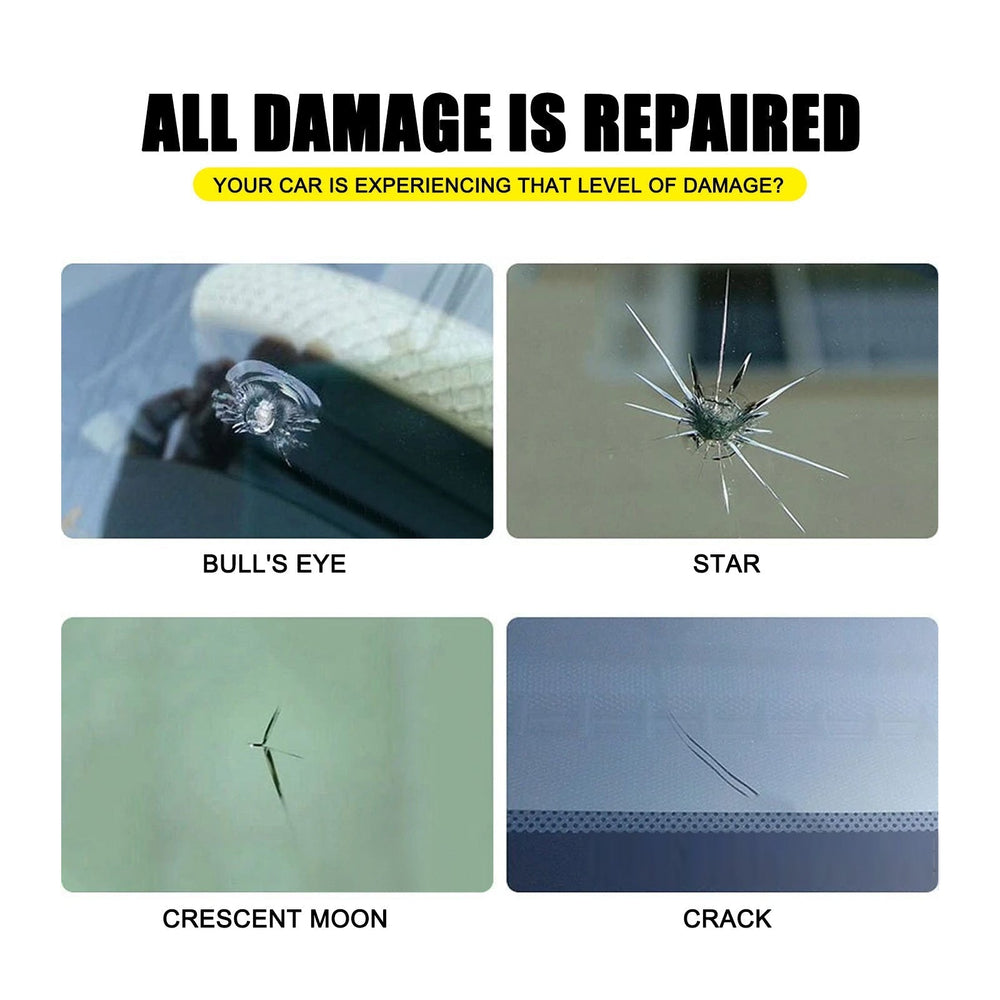 
                  
                    Automotive glass repair adhesive demonstrating repair on various types of cracks including bull's eye, star, crescent moon, and crack.
                  
                