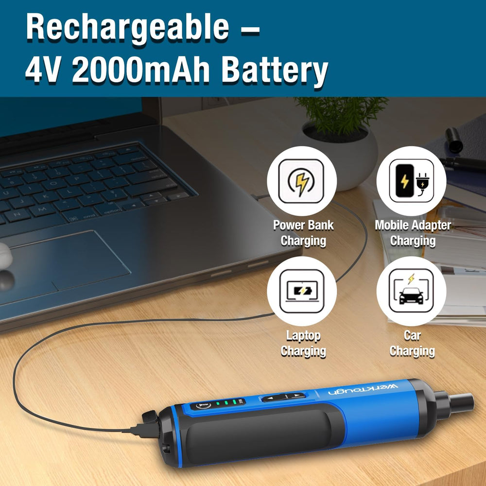 
                  
                    Rechargeable 4V 2000mAh Electric Screwdriver Set charging via USB, shown with charging options icons.
                  
                