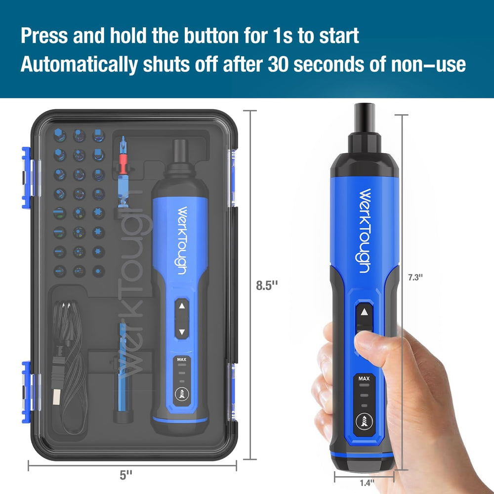 
                  
                    WerkTough 24pc Electric Screwdriver Set in blue with easy-handling design, USB cable, and LED light in a gift box.
                  
                