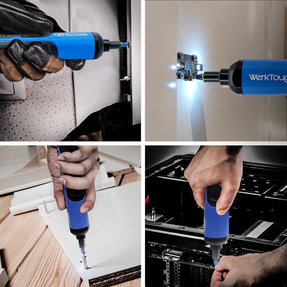 
                  
                    WerkTough 24pc Electric Screwdriver Set in action, showcasing LED light, blue handle, and high-quality bits being used for DIY tasks.
                  
                