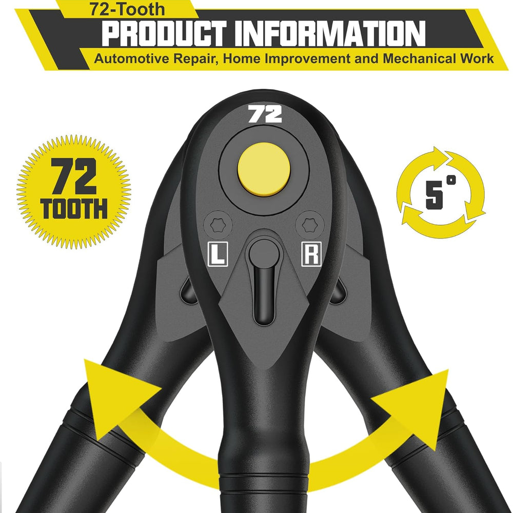 
                  
                    3/8" Drive Steel Mini Ratchet with 72-Tooth, ergonomic handle, and reversible mechanism.
                  
                