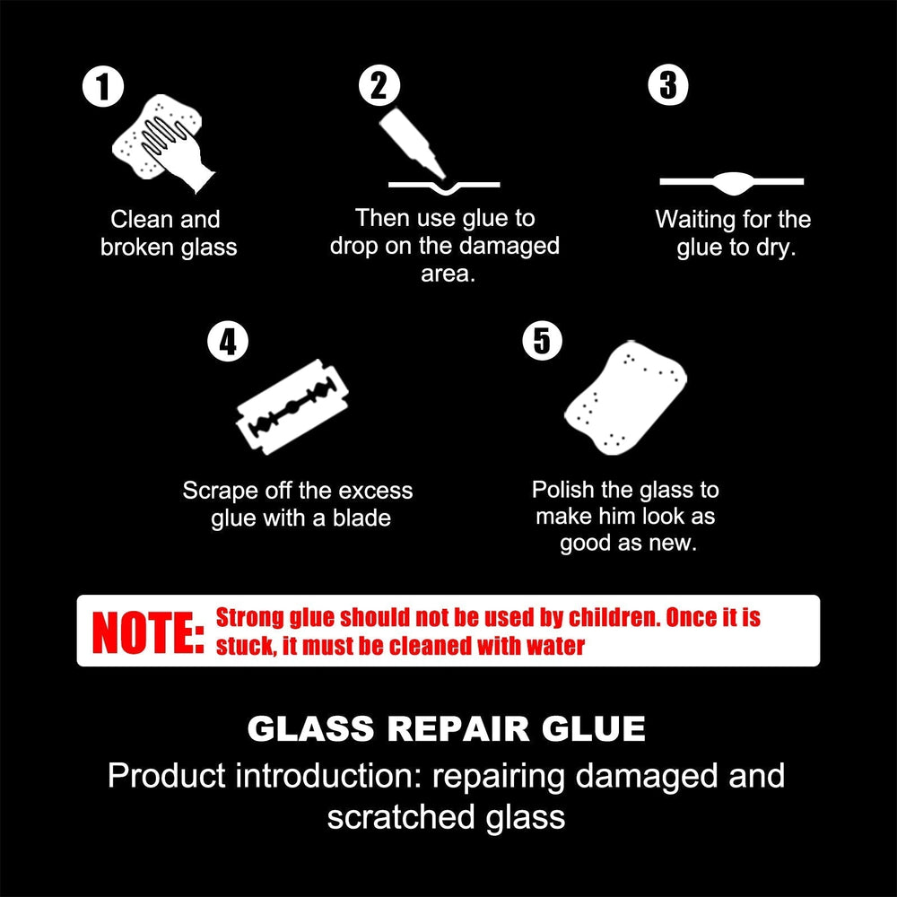 
                  
                    Automotive Glass Repair Adhesive steps including cleaning, applying glue, drying, scraping excess, and polishing.
                  
                