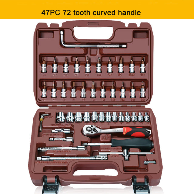 
                  
                    47-piece auto repair tool ratchet socket wrench set with 72-tooth curved handle in a portable case.
                  
                