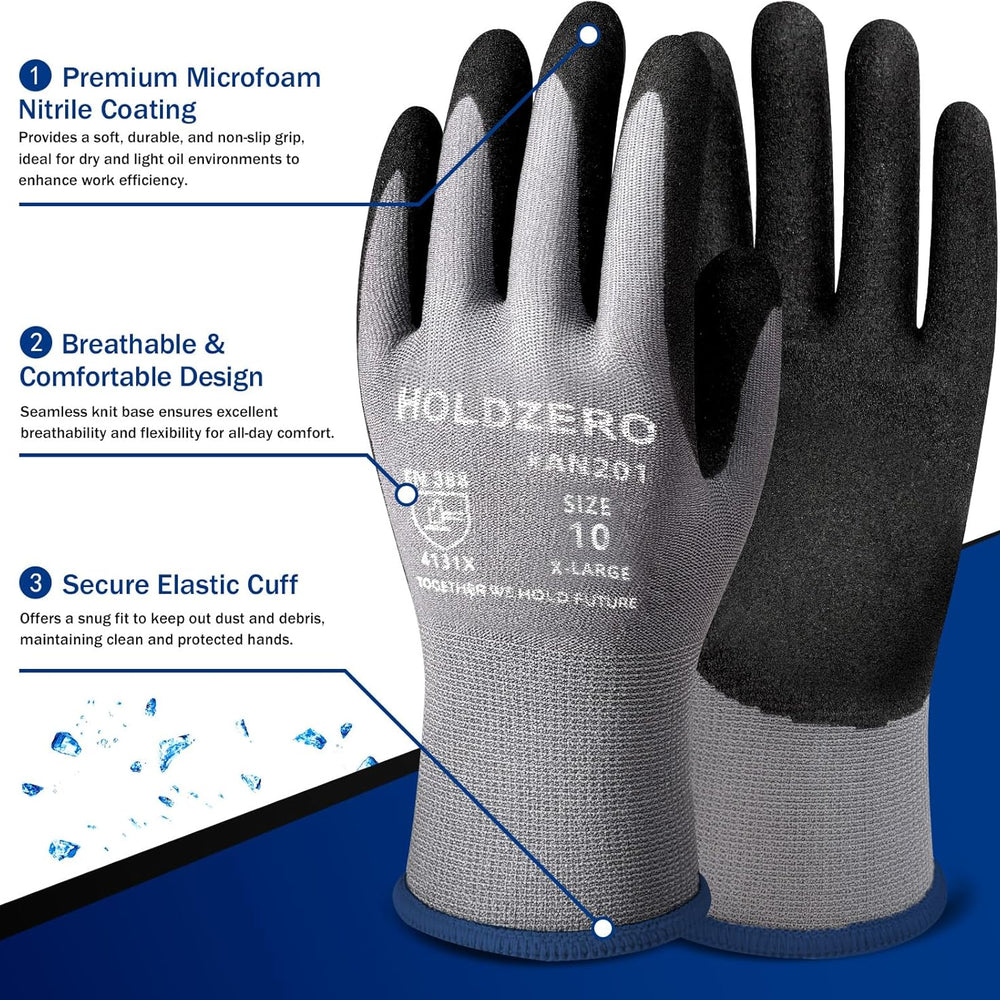 XLarge grey Nitrile Gloves seamless knit liner gloves with touchscreen compatibility and microfoam grip for work and home improvement tasks