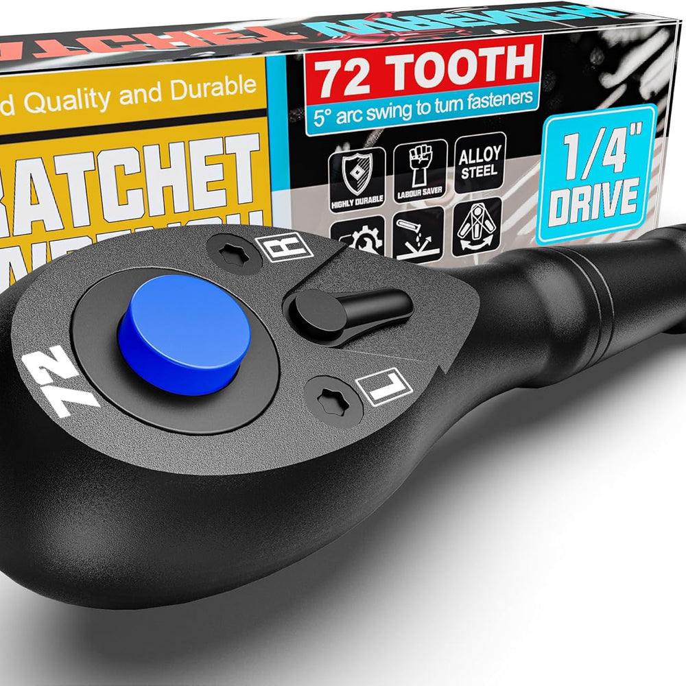 
                  
                    3/8" Drive Steel Mini Ratchet with 72-Tooth Ratchet Handle, ergonomic non-slip grip and reversible mechanism, ideal for tight spaces.
                  
                