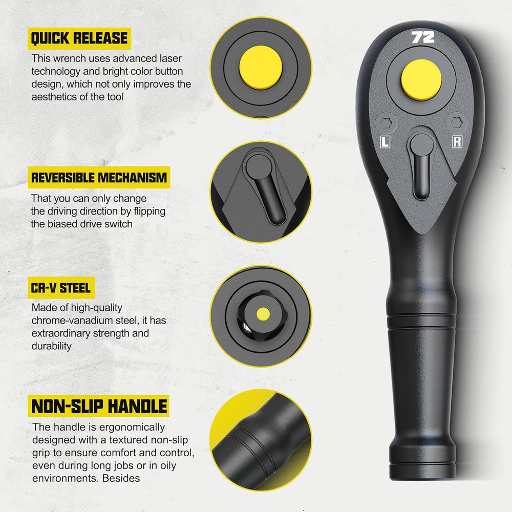 
                  
                    3/8" drive mini ratchet with 72-tooth handle, ergonomic non-slip grip, and reversible mechanism.
                  
                