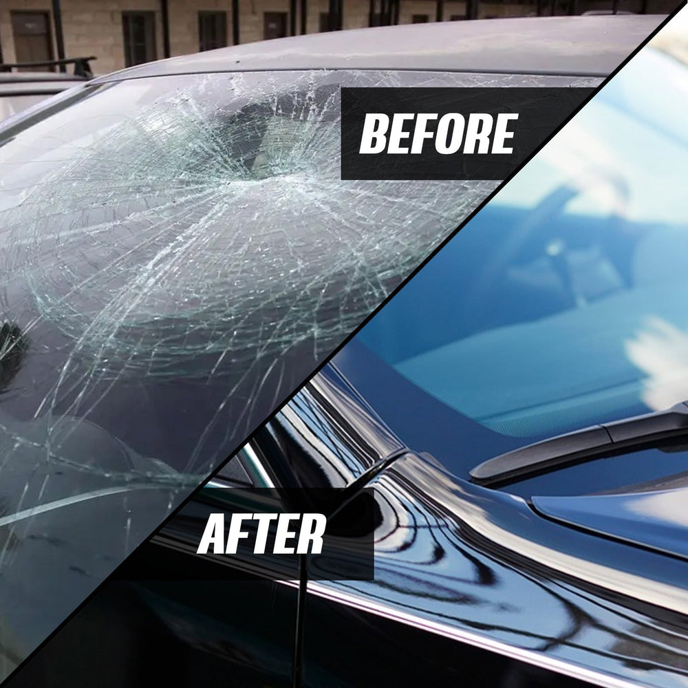 
                  
                    Before and after images of a car windshield repaired using automotive glass repair adhesive.
                  
                