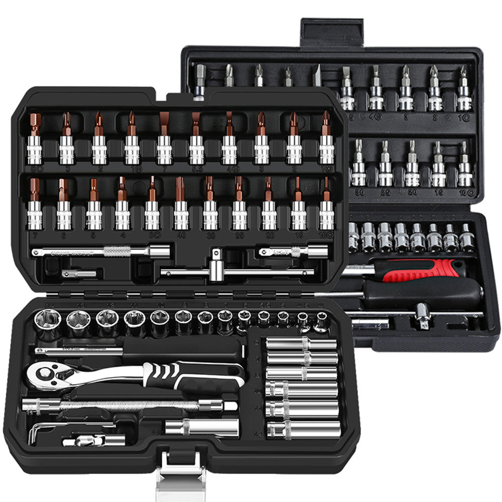 auto repair tool ratchet quick socket wrench set with various attachments in a black case