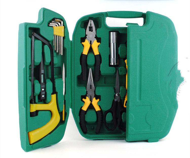 
                  
                    27-piece car emergency tool kit in green case with various tools for home and car maintenance.
                  
                