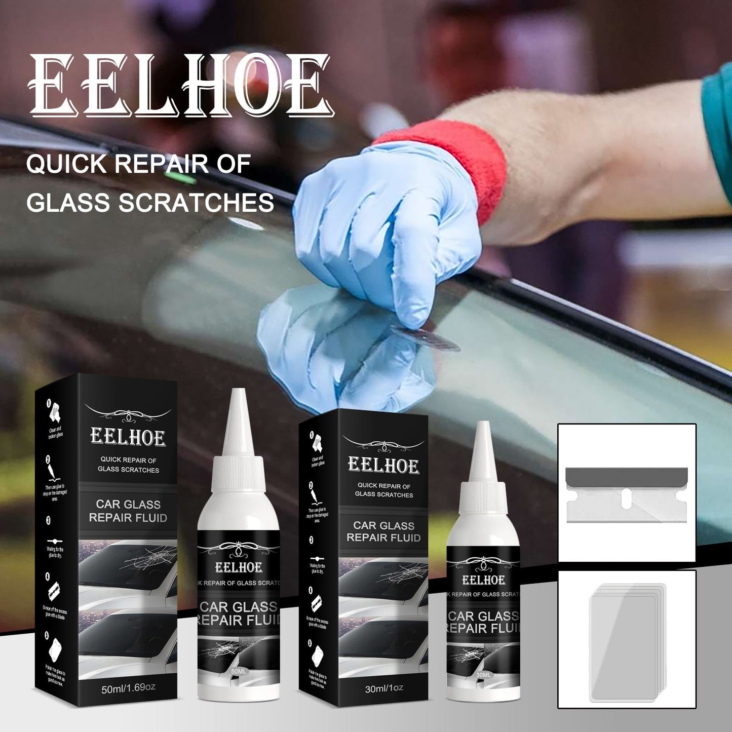 Automotive glass repair adhesive, 30ml, quick car glass scratch repair, aminoacrylate, easy application.