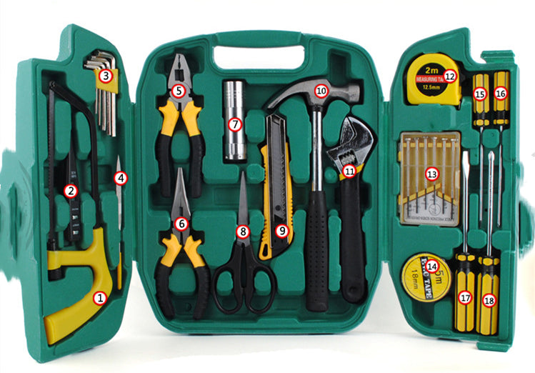 27-piece car emergency tool kit in a green case with various repair tools.