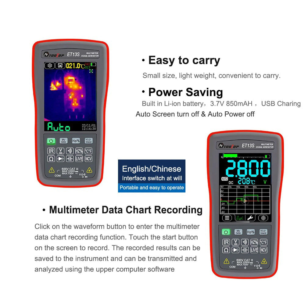 
                  
                    2 in 1 thermal imaging and multimeter unit with resistive touch screen, featuring easy-to-carry design and power-saving functions.
                  
                