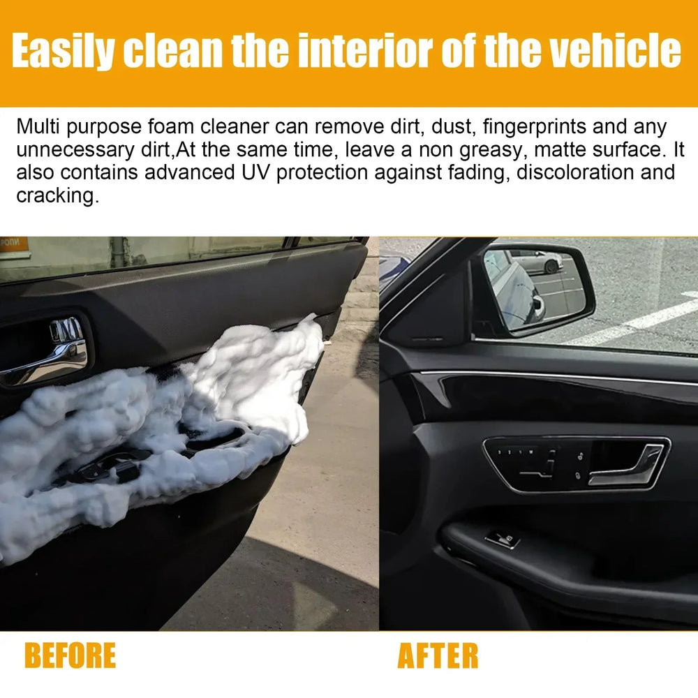 
                  
                    Car door before and after using interior foam cleaner showcasing stain removal and UV protection.
                  
                