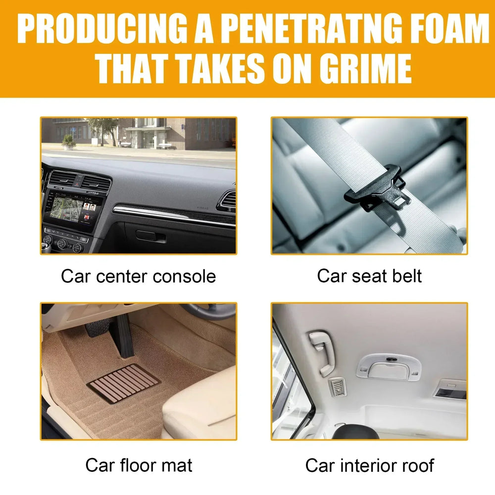 
                  
                    Car interior foam cleaner demonstrating effectiveness on console, seat belt, floor mat, and roof.
                  
                