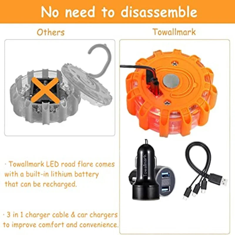 Emergency Magnetic LED Road Flares with rechargeable design and accessories.