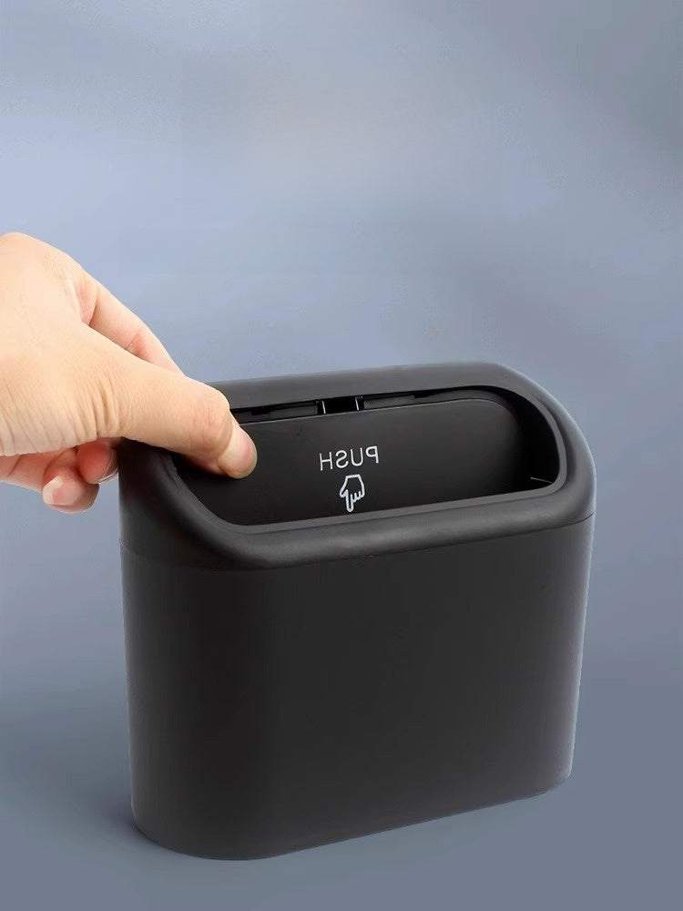 Hanging storage box and car trash can with push-to-open lid design.