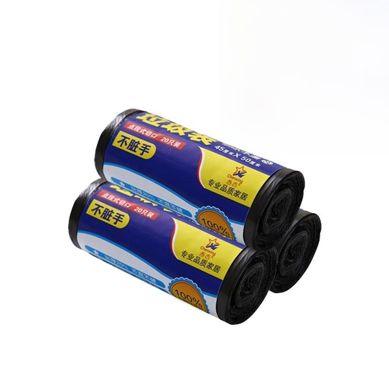 
                  
                    Black trash bags with blue and yellow packaging, suitable for hanging storage box.
                  
                