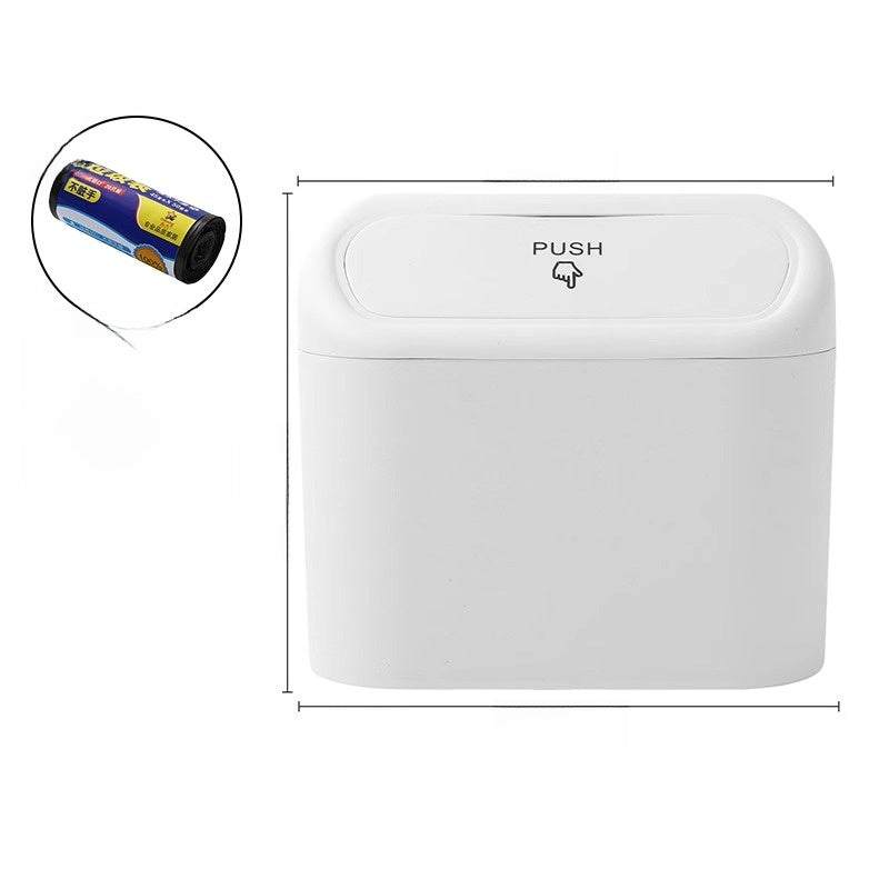 
                  
                    White hanging storage box and trash can with push lid and dimensions shown.
                  
                