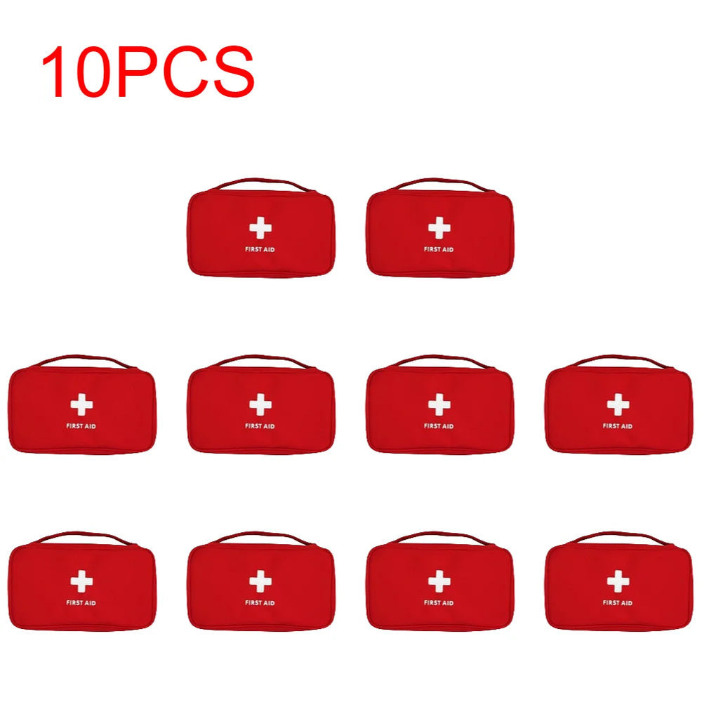 
                  
                    10 red portable emergency medical first aid kits with white cross symbols.
                  
                